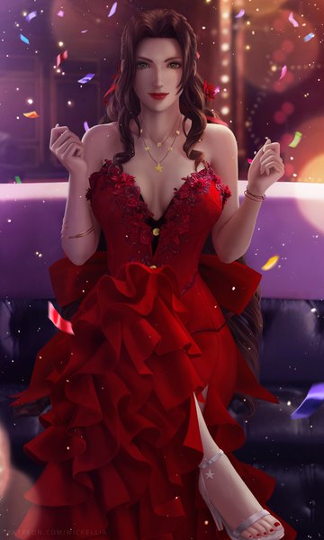 Anime picture 3900x6500 with final fantasy final fantasy vii final fantasy vii remake square enix aerith gainsborough wickellia single long hair tall image looking at viewer highres breasts light erotic brown hair large breasts sitting bare shoulders green eyes signed absurdres