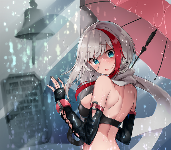 Anime picture 1000x879 with azur lane admiral graf spee (azur lane) oshishio single looking at viewer blush fringe short hair breasts blue eyes light erotic bare shoulders holding silver hair outdoors red hair looking back multicolored hair wind from behind