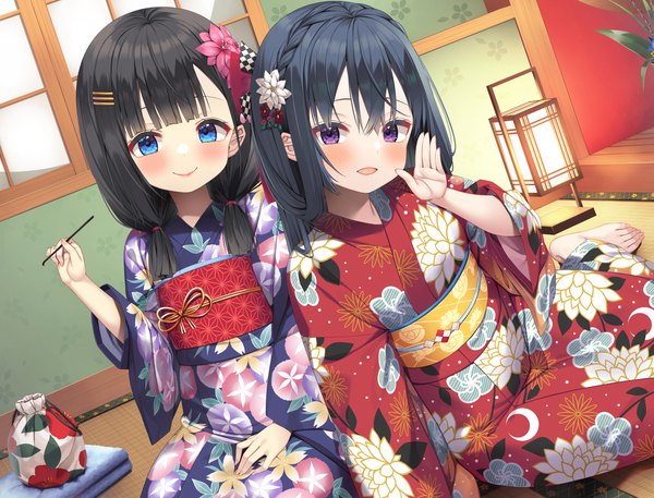Anime picture 4200x3200 with original asa no ha long hair looking at viewer blush fringe highres short hair open mouth blue eyes black hair smile hair between eyes sitting purple eyes twintails multiple girls absurdres indoors blunt bangs
