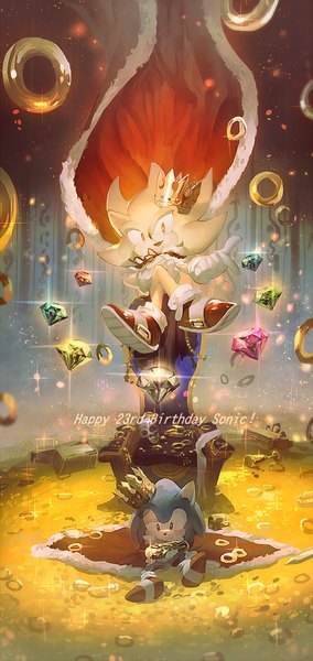 Anime picture 568x1200 with sonic (series) sonic the hedgehog aoki (fumomo) tall image red eyes sitting inscription crossed legs happy birthday dual persona gloves animal shoes white gloves cape jewelry ring crown armchair gold