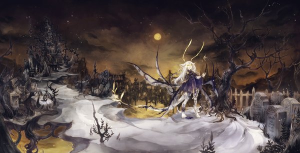Anime picture 2376x1212 with original pixiv fantasia nemu isaya single long hair highres wide image yellow eyes white hair night looking up ruins destruction girl weapon plant (plants) sword wings moon full moon