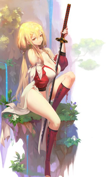 Anime picture 2400x4026 with original cesjjaing single long hair tall image looking at viewer fringe highres breasts light erotic blonde hair smile hair between eyes large breasts sitting twintails holding payot bent knee (knees) outdoors