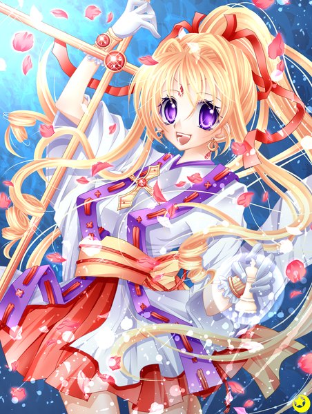 Anime picture 1280x1700 with original midzuki long hair tall image looking at viewer open mouth blonde hair purple eyes ponytail traditional clothes drill hair girl gloves ribbon (ribbons) hair ribbon earrings petals cross