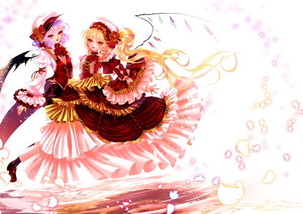 Anime picture 3541x2508 with touhou flandre scarlet remilia scarlet chirarizushi long hair looking at viewer highres short hair blonde hair red eyes white background multiple girls absurdres purple hair ponytail side ponytail girl dress flower (flowers) 2 girls