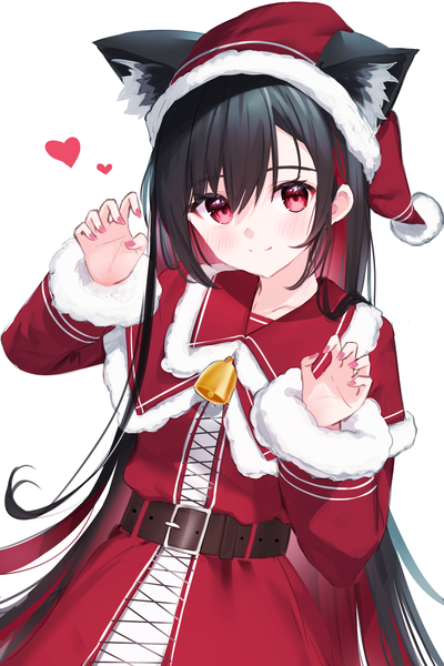 Anime picture 1280x1920 with original komatsu (komatsuu123) single long hair tall image looking at viewer blush black hair simple background smile red eyes white background animal ears nail polish multicolored hair two-tone hair christmas colored inner hair pink nail polish claw pose
