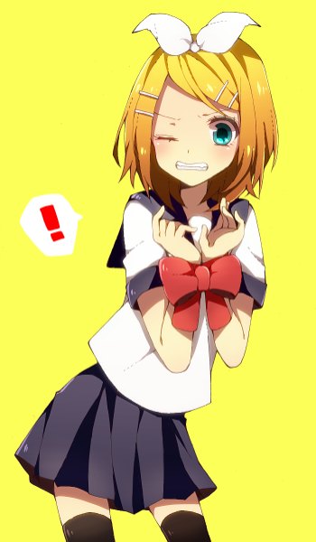Anime picture 700x1198 with vocaloid kagamine rin harusawa single tall image looking at viewer blush short hair simple background blonde hair one eye closed aqua eyes wink yellow background clenched teeth ! girl uniform hair ornament bow