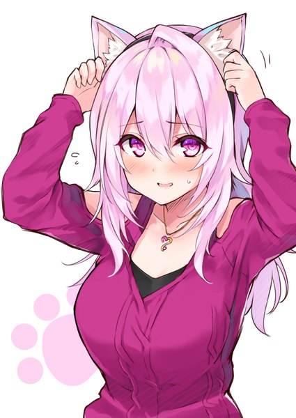 Anime picture 708x1000 with cu-no yayoi sakura hisenkaede single long hair tall image looking at viewer blush fringe breasts open mouth simple background hair between eyes white background animal ears payot pink hair upper body long sleeves pink eyes