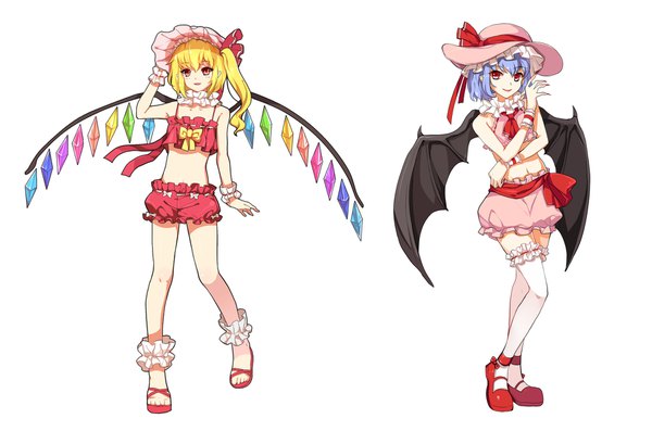 Anime picture 1800x1192 with touhou flandre scarlet remilia scarlet greetload long hair looking at viewer fringe highres open mouth light erotic blonde hair simple background smile hair between eyes red eyes standing white background multiple girls blue hair full body