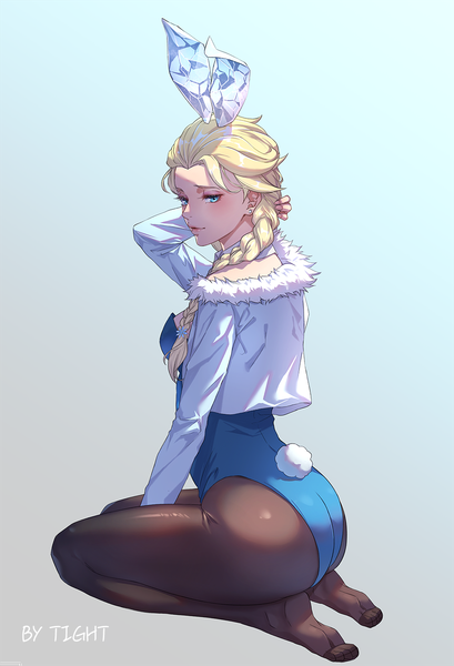 Anime-Bild 1000x1465 mit frozen (disney) disney elsa (frozen) tight (ohmygod) single long hair tall image looking at viewer blush breasts blue eyes light erotic simple background blonde hair sitting signed animal ears full body ass tail