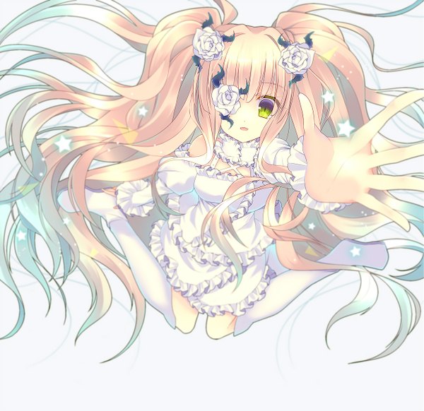 Anime picture 1236x1200 with rozen maiden kirakishou monaka natsume saichuu single long hair looking at viewer open mouth simple background blonde hair white background green eyes hair flower flower over eye girl dress hair ornament flower (flowers) boots frills