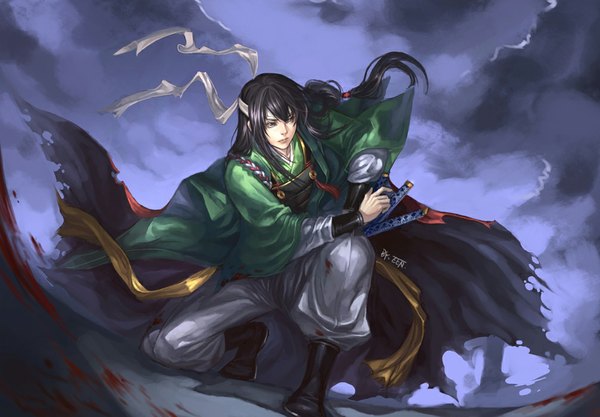 Anime picture 1007x700 with gintama sunrise (studio) katsura kotarou narrator366 single long hair black hair signed looking away sky cloud (clouds) traditional clothes grey eyes kneeling fighting stance boy weapon sword belt armor