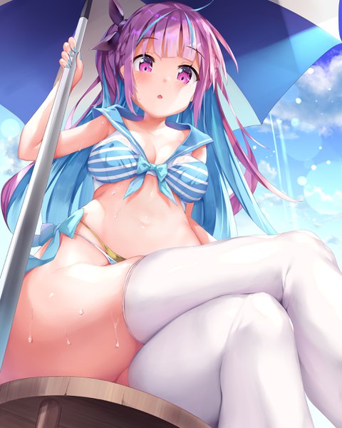 Anime picture 2000x2500 with virtual youtuber hololive minato aqua mogmog single long hair tall image highres breasts light erotic sitting purple eyes blue hair sky purple hair cloud (clouds) outdoors nail polish multicolored hair two-tone hair