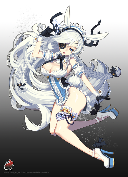 Anime picture 788x1086 with original amera single tall image fringe breasts blue eyes light erotic simple background large breasts white background animal ears looking away cleavage bent knee (knees) white hair tail braid (braids) very long hair parted lips