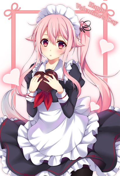 Anime picture 1000x1460 with kantai collection harusame destroyer hasu (velicia) single long hair tall image looking at viewer blush fringe hair between eyes white background holding pink hair long sleeves parted lips pink eyes maid side ponytail valentine girl