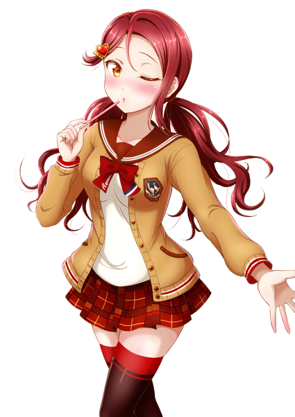 Anime picture 2000x2824 with love live! sunshine!! sunrise (studio) love live! sakurauchi riko ckst single long hair tall image looking at viewer blush fringe highres hair between eyes standing twintails holding yellow eyes red hair pleated skirt one eye closed