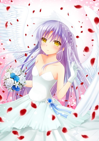 Anime picture 1157x1637 with angel beats! key (studio) tachibana kanade chibinon single tall image looking at viewer blush fringe simple background smile hair between eyes standing bare shoulders holding yellow eyes payot cleavage purple hair blurry