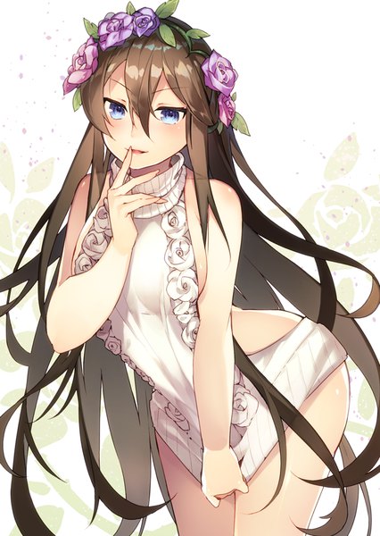 Anime picture 710x1000 with granblue fantasy rosetta (granblue fantasy) shiyun single tall image looking at viewer fringe breasts blue eyes light erotic hair between eyes brown hair very long hair hair flower leaning leaning forward sideboob finger to mouth girl flower (flowers)