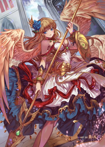 Anime picture 859x1200 with original aurora rokudo single long hair tall image looking at viewer blush breasts blue eyes blonde hair large breasts bare shoulders holding signed cleavage hair flower light smile wind sparkle multiple wings