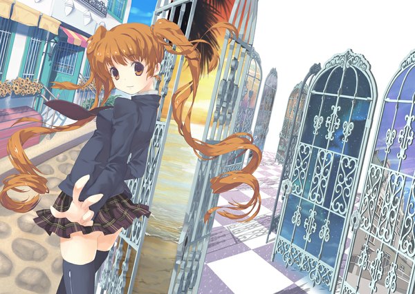 Anime picture 1000x711 with original mintchoco (orange shabette) single long hair brown hair twintails brown eyes zettai ryouiki girl thighhighs skirt black thighhighs miniskirt necktie