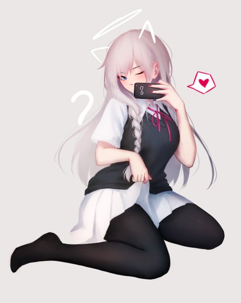 Anime picture 2288x2880 with original shimmer single long hair tall image blush fringe highres blue eyes simple background sitting holding animal ears silver hair tail braid (braids) nail polish pleated skirt one eye closed fingernails