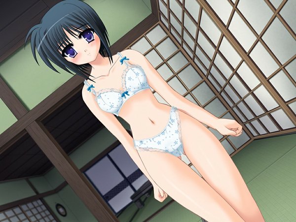 Anime picture 1024x768 with sakura machizaka stories (game) blush short hair light erotic black hair purple eyes game cg underwear only girl underwear panties