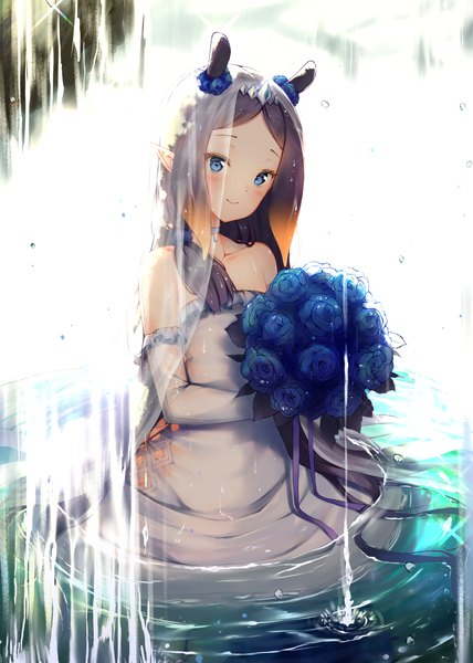 Anime picture 2363x3313 with virtual youtuber hololive hololive english ninomae ina'nis ijac ray single tall image blush highres blue eyes black hair smile animal ears very long hair pointy ears partially submerged extra ears waterfall tentacle hair girl