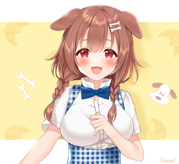 Anime picture 1400x1279 with virtual youtuber hololive kobeya inugami korone naomi (fantasia) single long hair looking at viewer blush fringe open mouth red eyes brown hair signed animal ears upper body braid (braids) :d short sleeves alternate costume