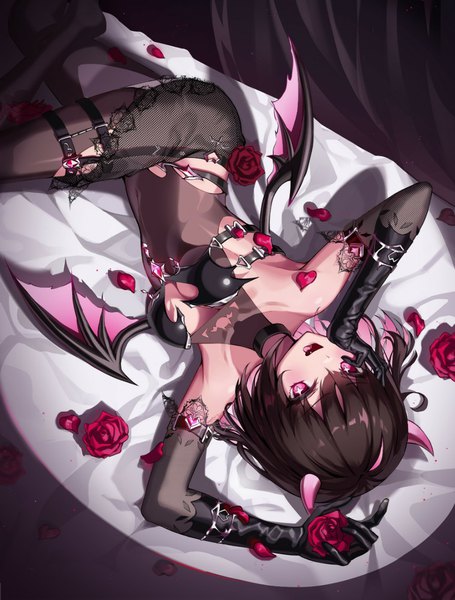 Anime picture 971x1280 with original kira (kira78718520) single tall image looking at viewer fringe short hair breasts open mouth light erotic black hair hair between eyes holding lying pink eyes multicolored hair horn (horns) from above two-tone hair on back