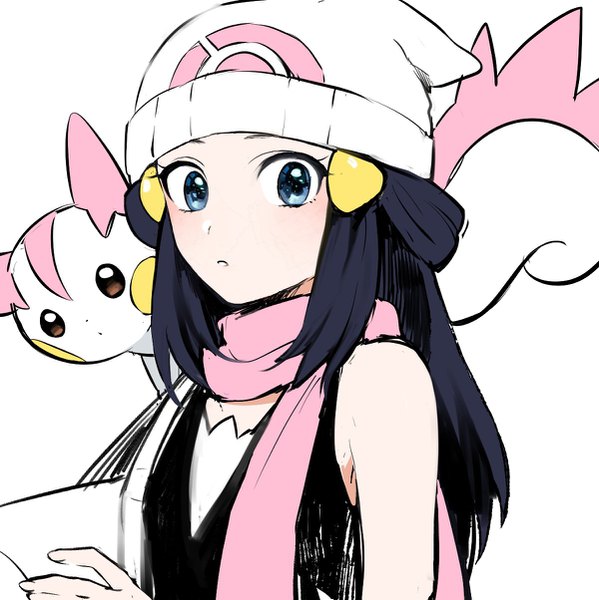 Anime picture 1200x1203 with pokemon pokemon dppt nintendo dawn (pokemon) pachirisu yukin (es) single long hair tall image looking at viewer blue eyes black hair simple background white background upper body gen 4 pokemon shiny pokemon girl hairclip scarf