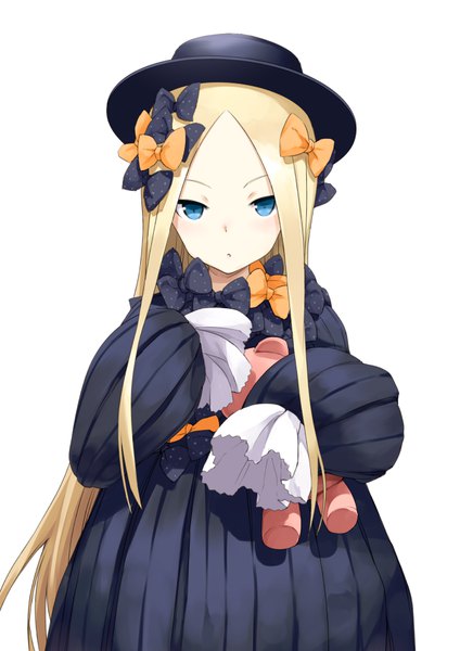 Anime picture 670x948 with fate (series) fate/grand order abigail williams (fate) tanuki91 single long hair tall image looking at viewer blue eyes simple background blonde hair white background long sleeves girl dress bow hair bow hat black dress toy