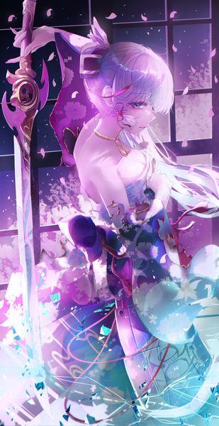 Anime picture 2447x4745 with genshin impact kamisato ayaka turbulence single long hair tall image looking at viewer fringe highres breasts blue eyes light erotic bare shoulders holding blue hair ponytail traditional clothes japanese clothes profile looking back