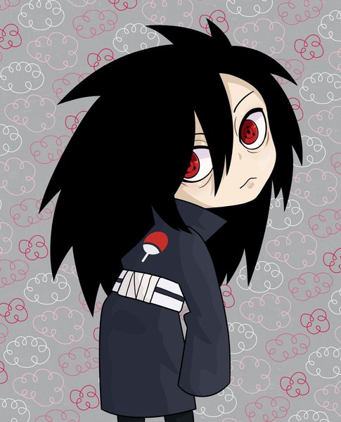 Anime picture 1400x1731 with naruto studio pierrot naruto (series) uchiha madara shiroshikun666 single long hair tall image fringe hair between eyes traditional clothes japanese clothes looking back chibi third-party edit sharingan boy kimono coat of arms