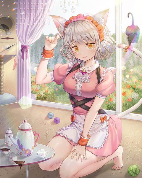 Anime picture 700x875 with original roang single tall image looking at viewer blush fringe short hair breasts open mouth animal ears yellow eyes silver hair indoors tail animal tail barefoot cat ears sparkle maid