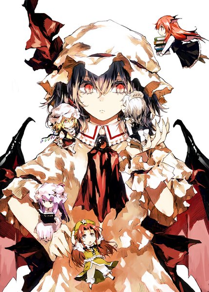 Anime picture 715x1000 with touhou flandre scarlet remilia scarlet izayoi sakuya patchouli knowledge hong meiling koakuma minakata sunao long hair tall image short hair open mouth blonde hair simple background smile red eyes white background purple eyes multiple girls purple hair