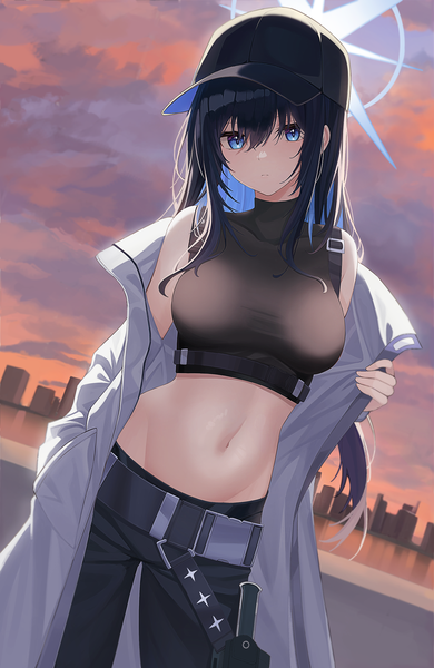 Anime picture 1300x2000 with blue archive saori (blue archive) pipipipyu single long hair tall image looking at viewer fringe blue eyes black hair hair between eyes standing blue hair sky outdoors head tilt multicolored hair open clothes midriff groin