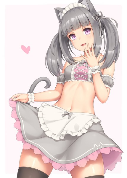 Anime picture 780x1090 with original sasaame single long hair tall image looking at viewer blush fringe open mouth light erotic simple background purple eyes twintails animal ears upper body tail blunt bangs animal tail grey hair cat ears