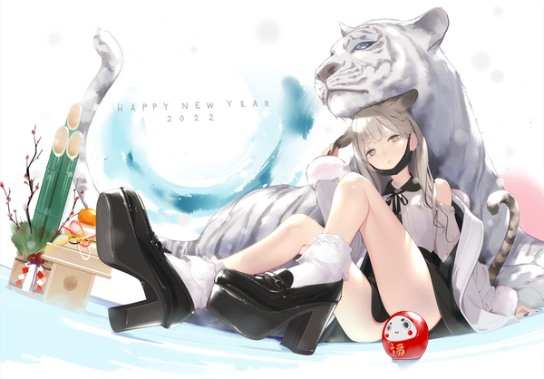 Anime picture 2153x1500 with original ama mitsuki single long hair fringe highres light erotic simple background white background animal ears silver hair full body bent knee (knees) tail blunt bangs nail polish animal tail arm up fingernails off shoulder