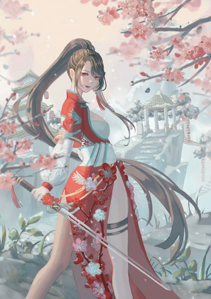 Anime picture 2480x3507 with original liliantsai0417 single tall image looking at viewer fringe highres breasts hair between eyes red eyes brown hair holding payot outdoors ponytail long sleeves very long hair traditional clothes looking back light smile
