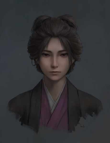 Anime picture 1426x1860 with sekiro: shadows die twice from software emma the gentle blade miura-n315 single tall image short hair black hair simple background brown eyes traditional clothes japanese clothes realistic black background portrait expressionless girl