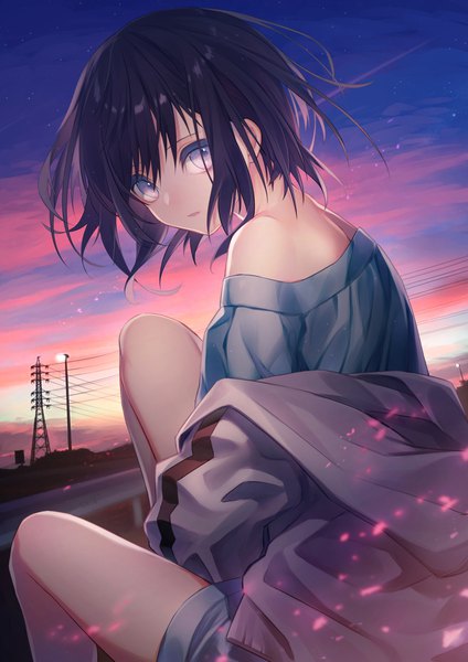 Anime picture 1488x2105 with original haizome senri single tall image looking at viewer fringe short hair black hair hair between eyes sitting purple eyes bare shoulders outdoors parted lips looking back off shoulder night night sky evening sunset