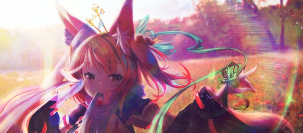 Anime picture 2375x1044 with original exxe mkii single highres short hair wide image holding brown eyes animal ears sunlight orange hair two side up fox ears mouth hold fox girl sunbeam hair bell ribbon in mouth fox shadow puppet hair in mouth
