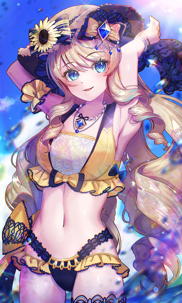 Anime picture 1058x1764 with genshin impact navia (genshin impact) raymond busujima single long hair tall image looking at viewer blush breasts open mouth blue eyes light erotic blonde hair smile standing sky cloud (clouds) outdoors arms up armpit (armpits)