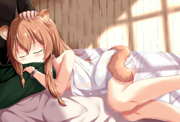 Anime picture 2800x1900 with tate no yuusha no nariagari kinema citrus raphtalia iwatani naofumi dongyue sakura long hair blush fringe highres light erotic hair between eyes brown hair twintails animal ears indoors tail eyes closed animal tail sunlight bare legs