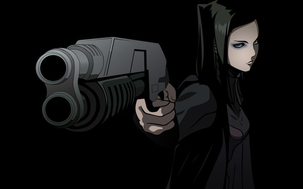 Anime picture 1920x1200 with ergo proxy re-l mayer highres black hair wide image green eyes wallpaper black background eyeshadow foreshortening weapon gun cloak