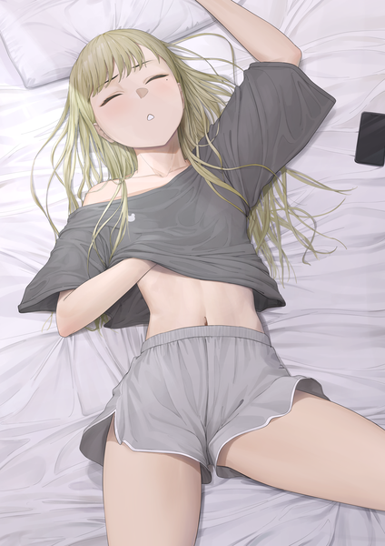 Anime picture 2121x3000 with original ano (gccx8784) single long hair tall image fringe highres open mouth light erotic blonde hair indoors lying eyes closed mole wide sleeves bare belly on back mole under eye sleeping hands under clothing