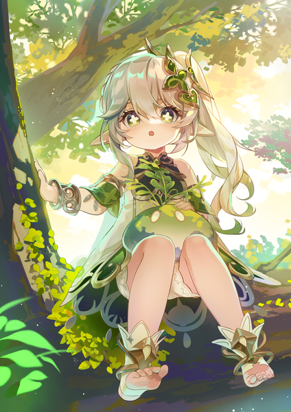 Anime picture 1488x2105 with genshin impact nahida (genshin impact) slime (genshin impact) didtldms0312 single long hair tall image looking at viewer fringe open mouth hair between eyes sitting green eyes silver hair :o from below side ponytail symbol-shaped pupils tree sitting girl