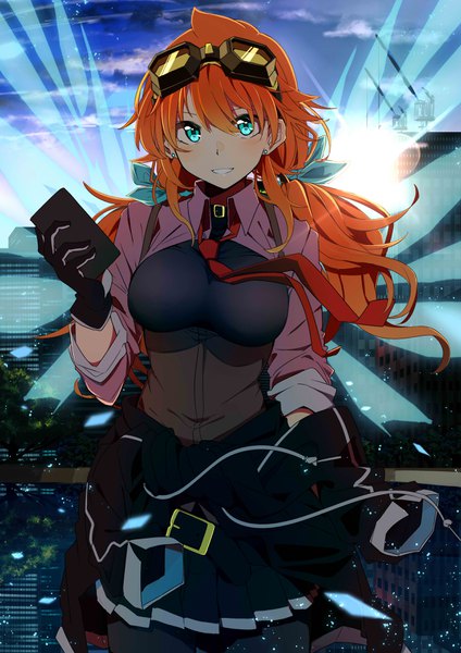 Anime picture 2480x3507 with original amano tora kazenoko single long hair tall image looking at viewer fringe highres breasts smile hair between eyes sky pleated skirt aqua eyes sunlight orange hair lens flare city lights twisty sleeves