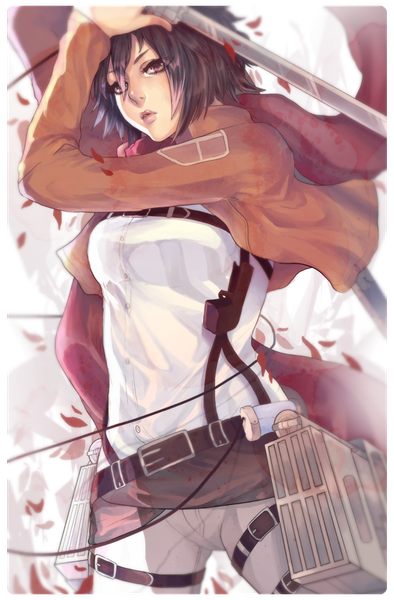 Anime picture 552x840 with shingeki no kyojin production i.g mikasa ackerman lackless single tall image looking at viewer short hair breasts brown hair standing brown eyes parted lips wind open clothes open jacket military girl uniform weapon
