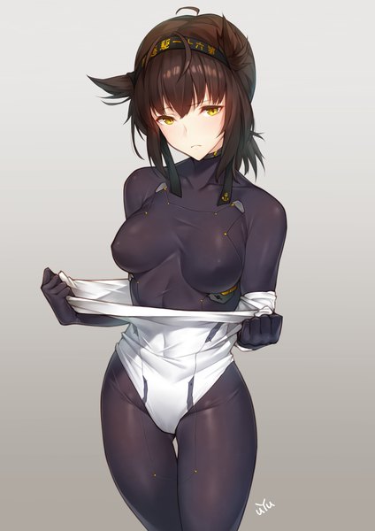 Anime picture 706x1000 with kantai collection hatsuzuki destroyer uyu (keyakinoki) single tall image blush fringe short hair breasts light erotic simple background brown hair standing signed yellow eyes looking away ahoge grey background thighs covered navel