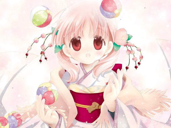 Anime picture 1600x1200 with sakura musubi cuffs (studio) kiriyama sakura mitaonsya blush short hair open mouth red eyes twintails pink hair japanese clothes wallpaper short twintails pink background girl hair ornament kimono ball child (children) paper balloon